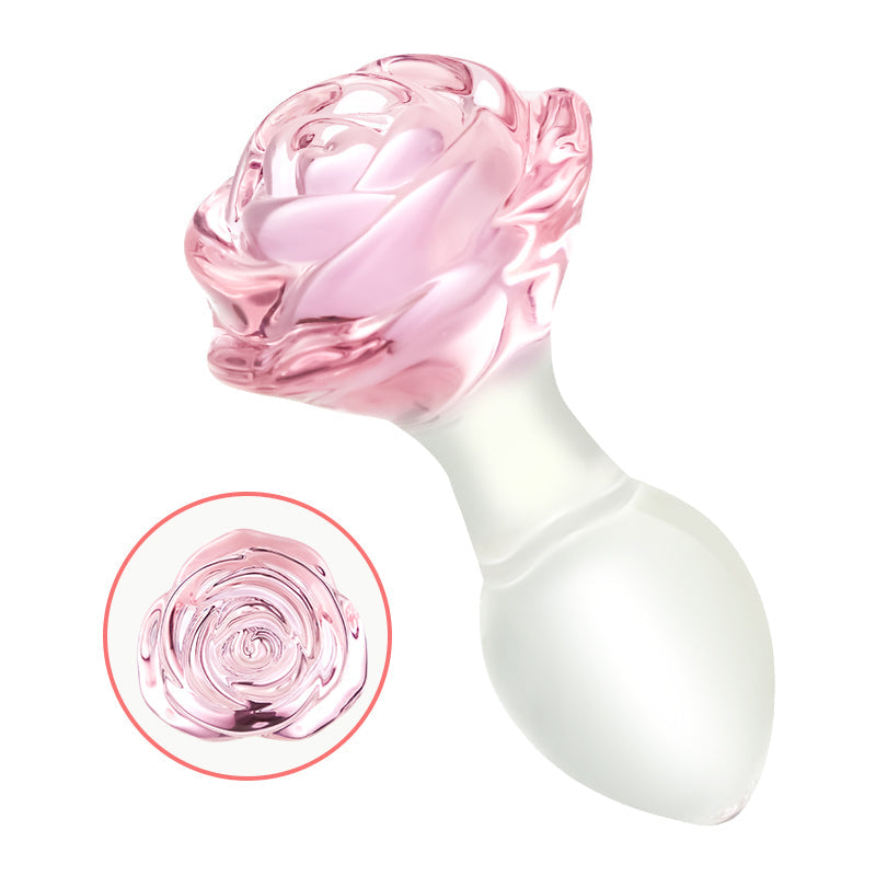 Plug anal de vidrio con base de rosas rosa