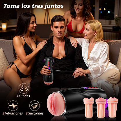 【Oferta relámpago: 30% DTO】Daphne - Bomba para Pene con 3 Mangas Intercambiables, Coño de Bolsillo, 9 Modos de Succión y 9 Vibraciones, Masturbador Masculino