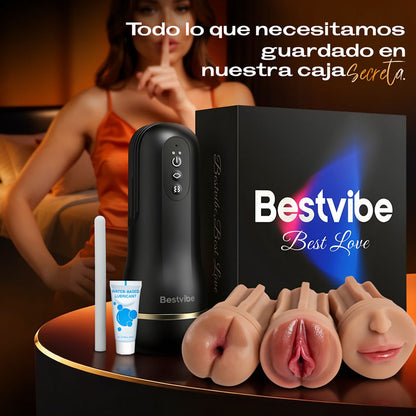 【10 $ de descuento – ¡Solo 3 días!】Bestvibe Pro – 3 fundas intercambiables, tres experiencias de placer únicas, masturbador automático para hombre con 5 niveles de succión y 10 modos de vibración